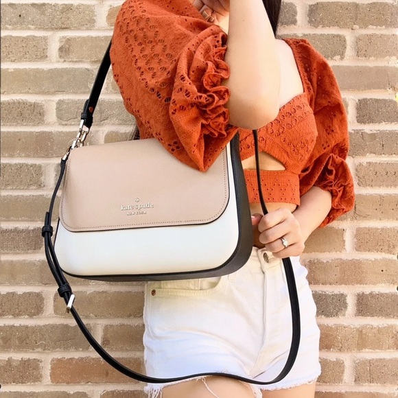 Kate Spade Staci Colorblock Saffiano Leather Flap Shoulder Bag Warm Beige Multi - Picture 2 of 6